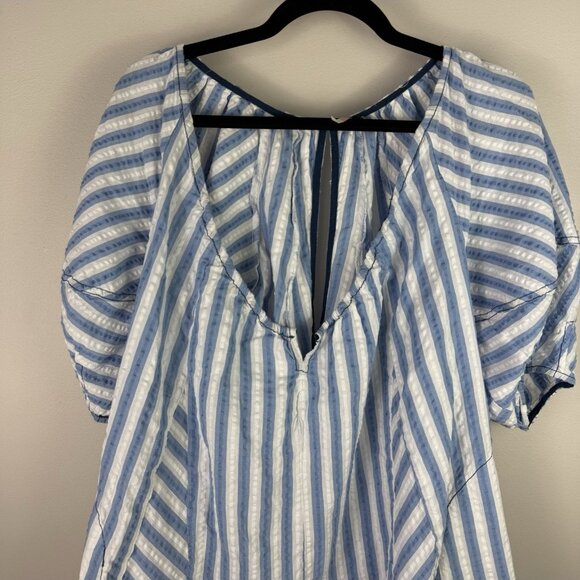 Free People Bop Around Stripe Romper XS Blue White Cotton V-Neck Boho Playsuit - Picture 2 of 11